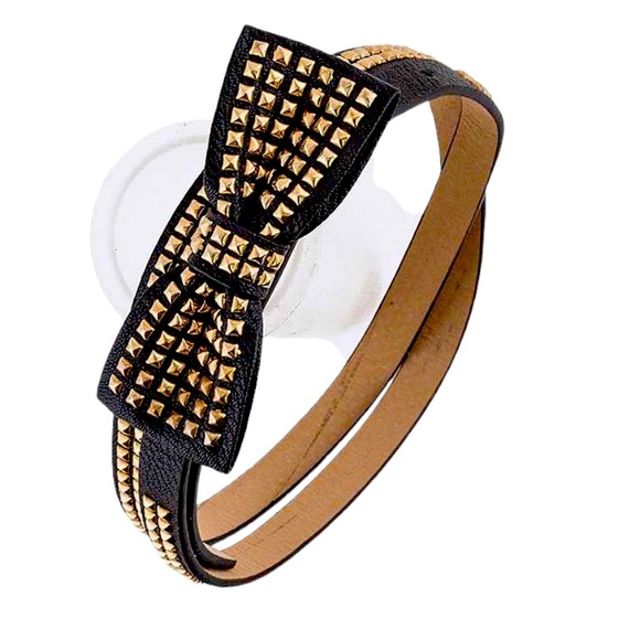 Gold & Black Studded Bow Fashion Skinny Statement Belt - Picture 1 of 1